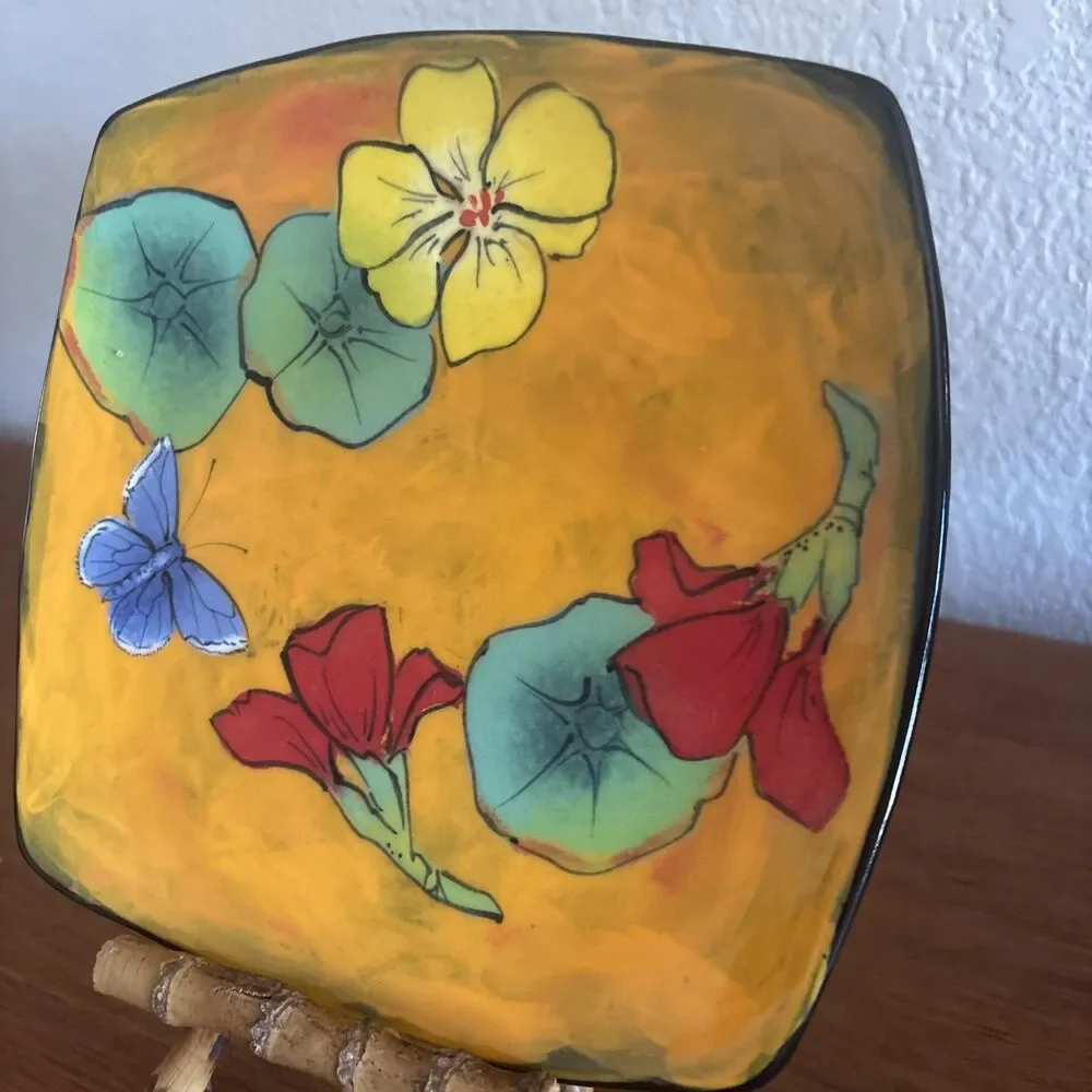 Rainbow Gate Santa Fe Pottery Plate RARE Square Plate Nasturtium Butterfly 7.75